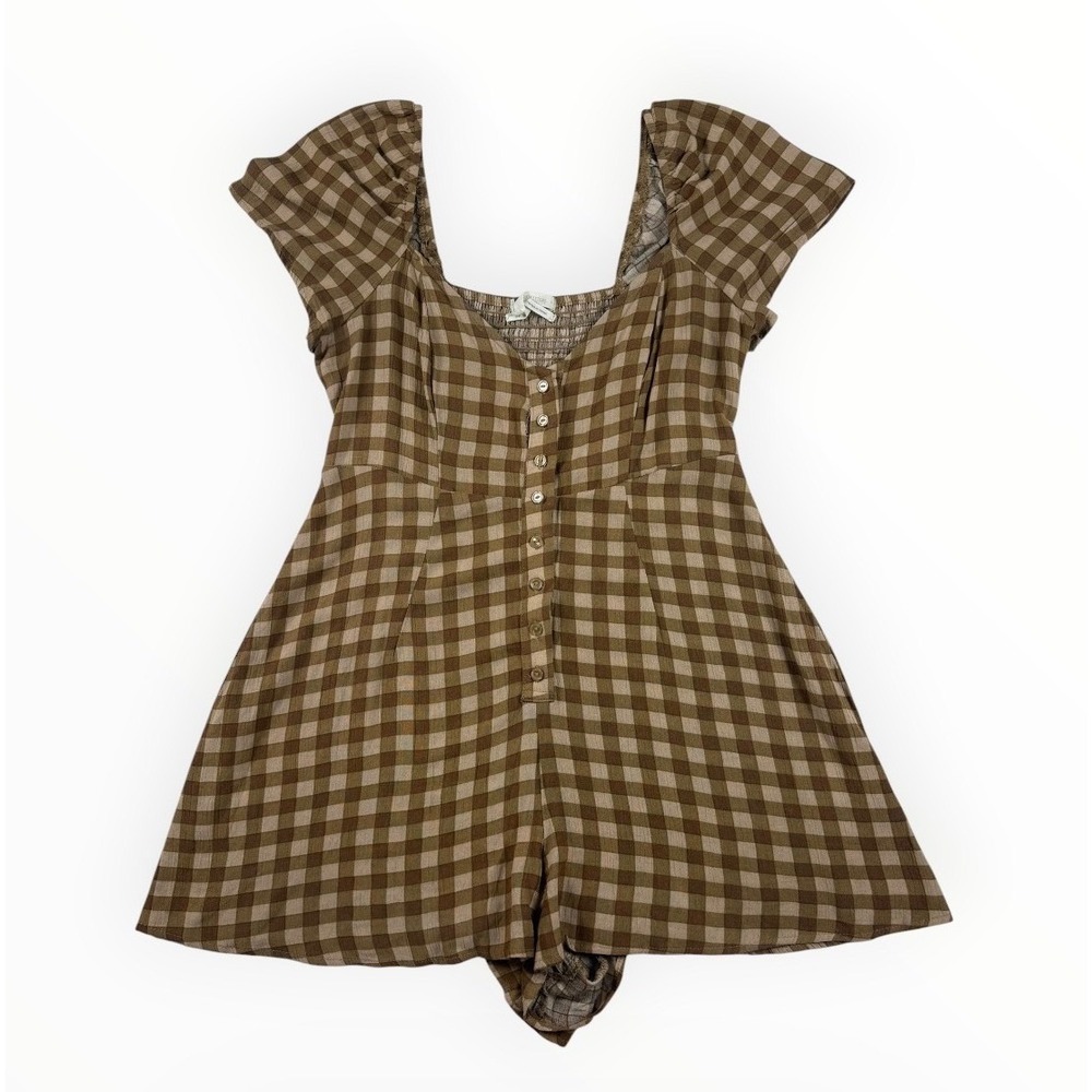 Urban Outfitters Brown Gingham Button Front Smocked Back Romper Womens Small
